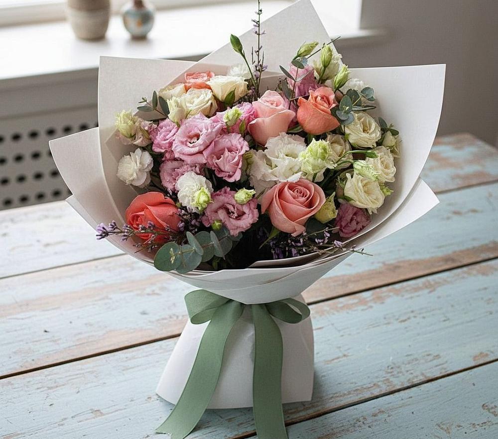 Букет цветов из: Розы, Лизиантусы и Гвоздики в Бессоновке