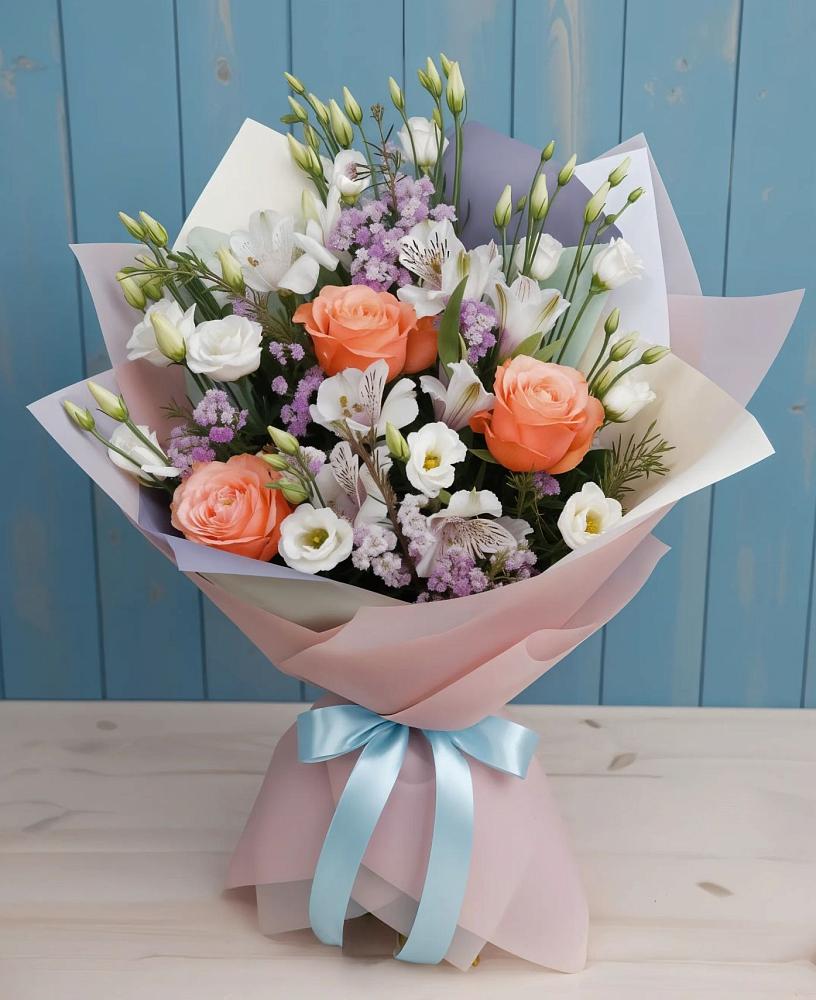Букет цветов из: Лизиантусы, Розы, Альстромерии и Гипсофила в Бессоновке