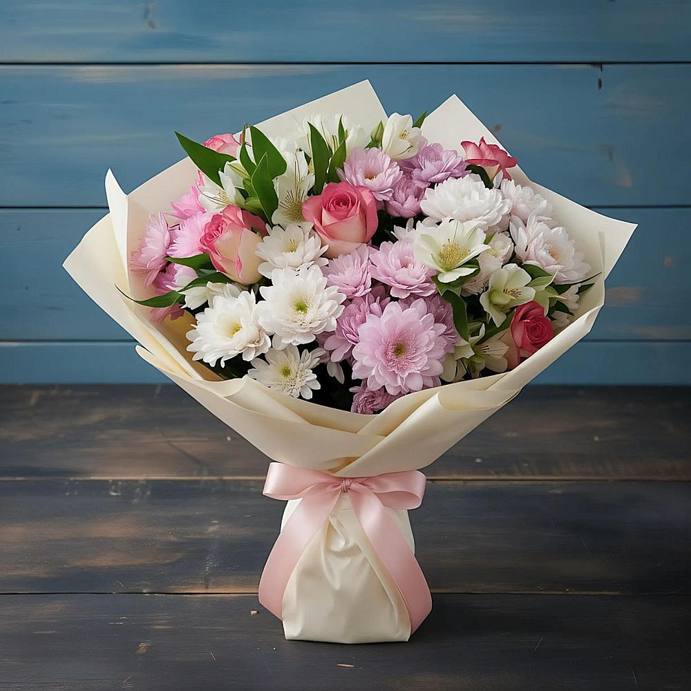 Букет цветов из: Хризантемы, Альстромерии и Розы в Бессоновке